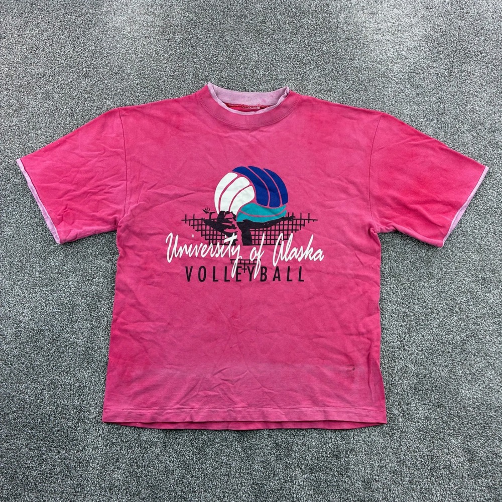 Vintage University of Alaska Volleyball Shirt Men Large Pink Faded Last Frontier